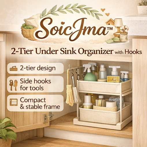 SoicJma™ 2-Tier Under Sink Organizer with Hooks – Multi-Level Storage Rack for Cleaning Tools & Accessories