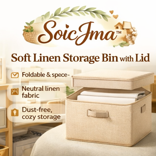 SoicJma™ Soft Linen Storage Bin with Lid – Foldable Closet Organizer Basket for Clothes, Towels & Blankets