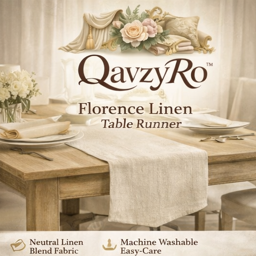 QavzyRo™ Florence Linen Table Runner – Elegant Neutral Dining Table Runner for Modern Homes