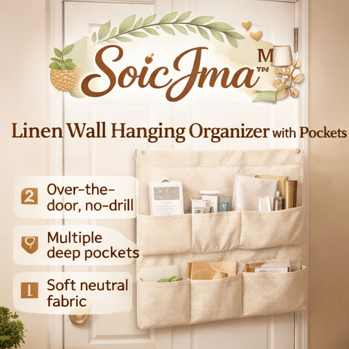 SoicJma™ Linen Wall Hanging Organizer with Pockets – Over Door Storage for Bedroom, Closet & Bathroom