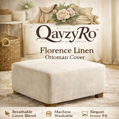 QavzyRo™ Florence Linen Ottoman Cover – Elegant Neutral Ottoman Slipcover for Modern Homes