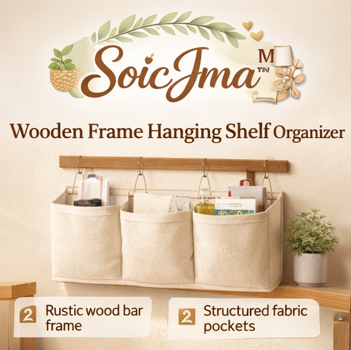 SoicJma™ Wooden Frame Hanging Shelf Organizer – Rustic Wall Storage for Small Items & Home Decor