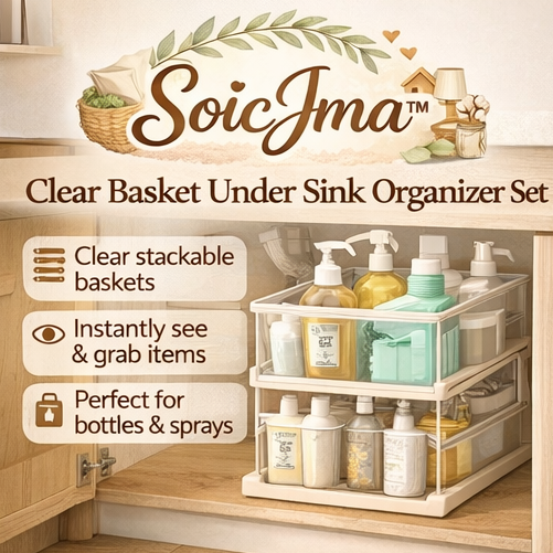 SoicJma™ Clear Basket Under Sink Organizer Set – Stackable Storage Bins for Quick Visibility & Easy Sorting